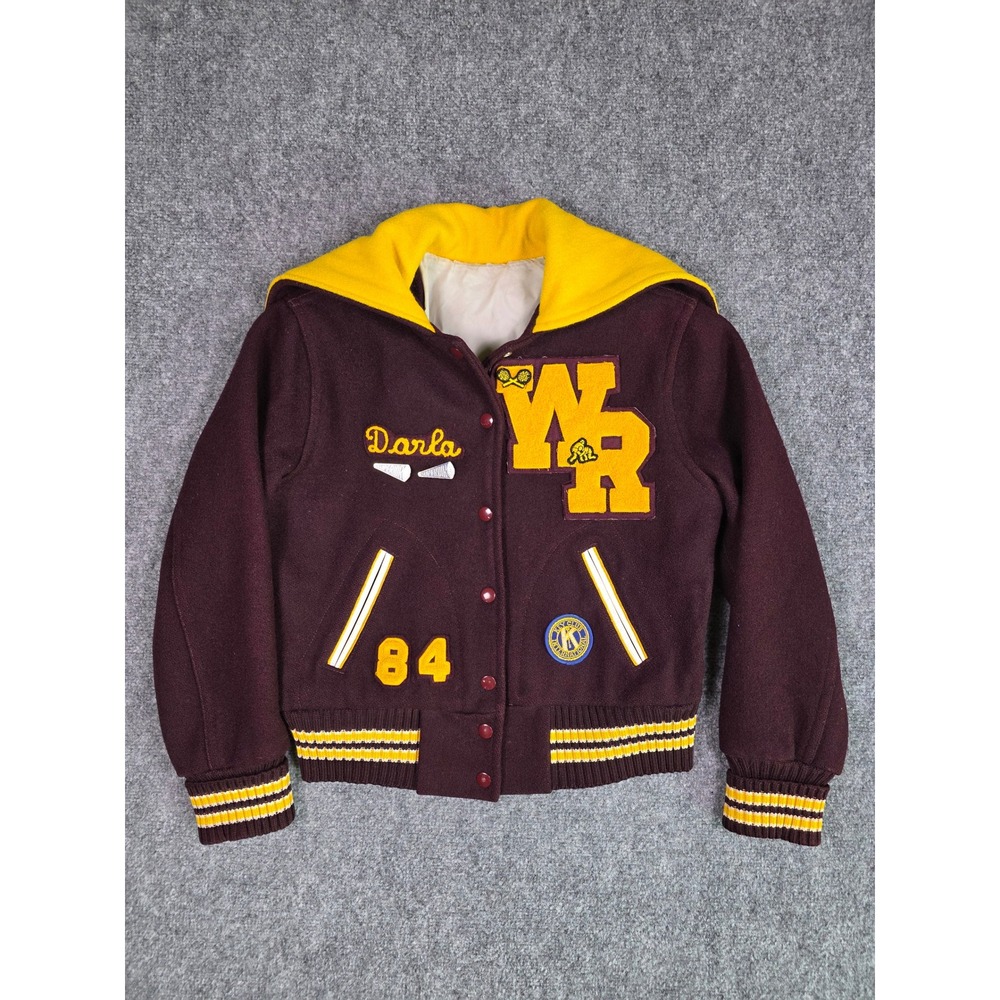 Vintage 80s Wool Cheerleader Letterman Varsity Jacket Maroon Gold Hooded Womens